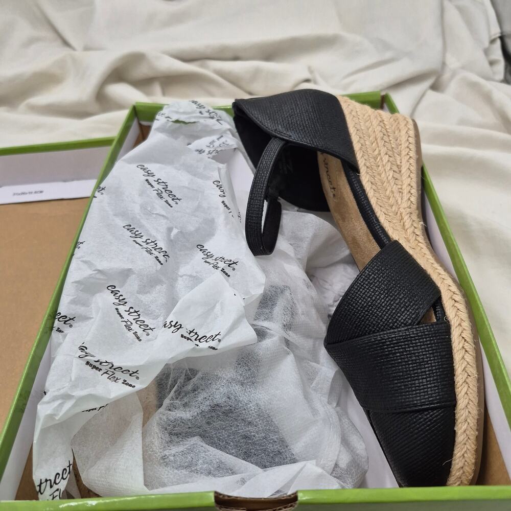 NEW Easy Street Coast Black Linen Zipper Ankle Strap Espadrille Wedge Sandal 7.5 - Picture 6 of 7